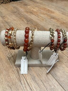Gold and Rusty Brown Beaded Bracelet Stack and Singles Lot of 6